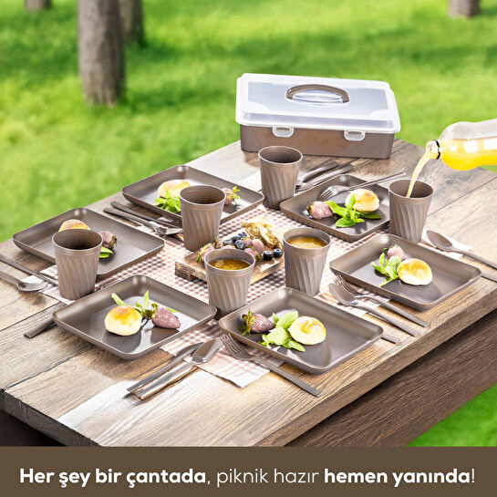 Vienev 32 Parça 6 Kişilik Taşınabilir Piknik Seti - Saklama Kutulu Bej