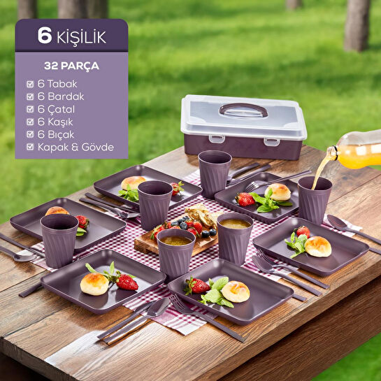 Vienev 32 Parça 6 Kişilik Taşınabilir Piknik Seti - Saklama Kutulu Mor