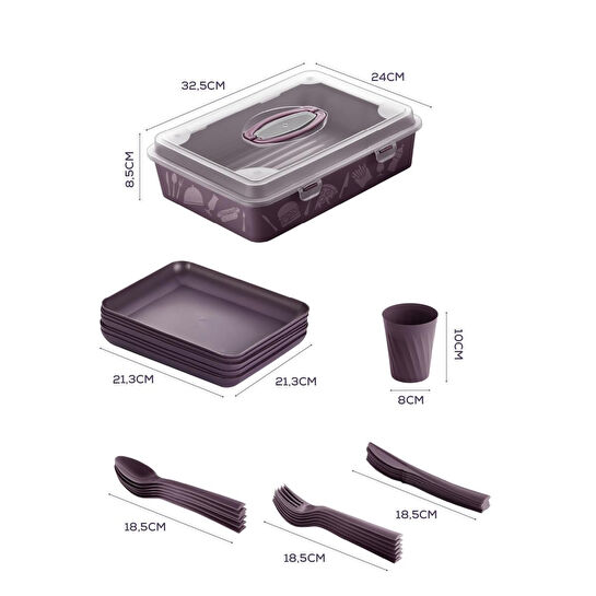 Vienev 32 Parça 6 Kişilik Taşınabilir Piknik Seti - Saklama Kutulu Mor