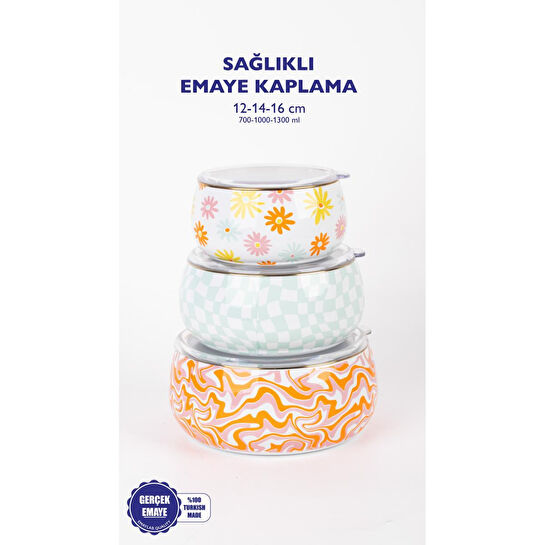 Emaylab Selge 3 Lü Emaye Tombul Saklama Kabı Takımı (tüm Ocak Tiplerinde Kullanilabili̇r) Retro Hippi