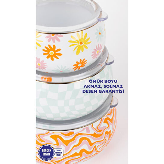 Emaylab Selge 3 Lü Emaye Tombul Saklama Kabı Takımı (tüm Ocak Tiplerinde Kullanilabili̇r) Retro Hippi