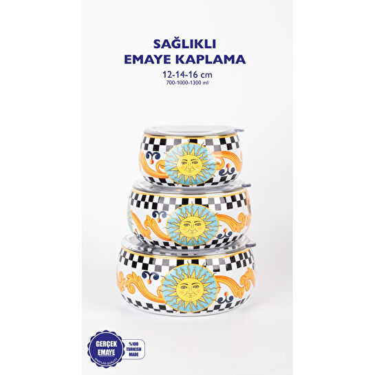 Emaylab Misharu3 Lü Emaye Tombul Saklama Kabı Takımı (tüm Ocak Tiplerinde Kullanilabilir)