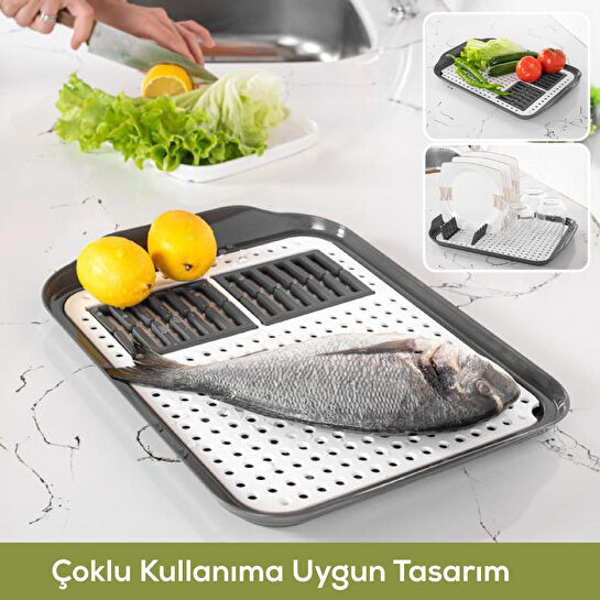 Vienev Çok Amaçlı Su Süzgeçli Kurutma Tepsisi | Sebze, Balık Ve Bulaşık İçin Pratik Kullanım Gri