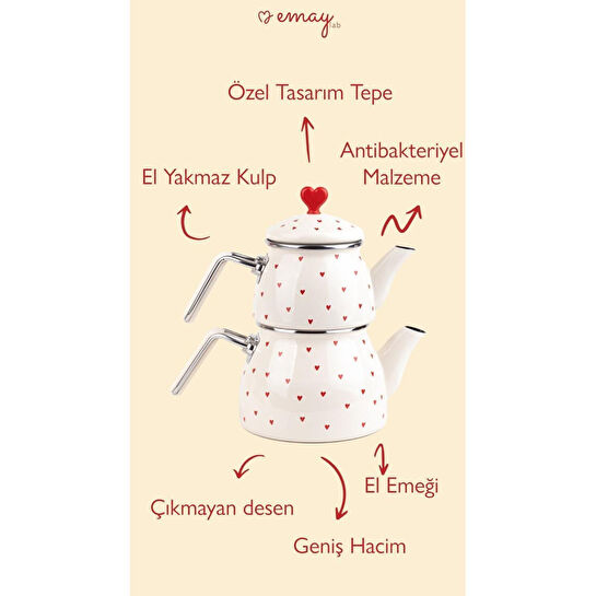 Emaylab Cupid Kalp Desenli Emaye Çaydanlık Takımı (özel Zamak Tepeli)