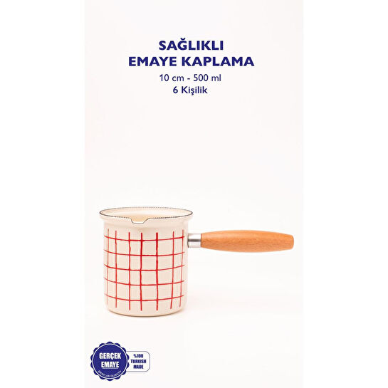 Emaylab Cupid Kareli Emaye Ahşap Saplı Cezve (500ml-6 Kişilik)