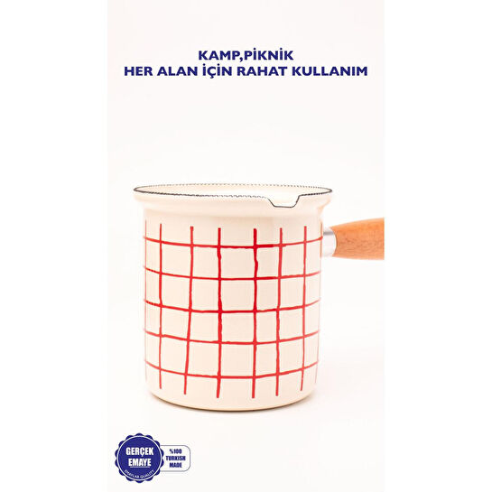 Emaylab Cupid Kareli Emaye Ahşap Saplı Cezve (500ml-6 Kişilik)