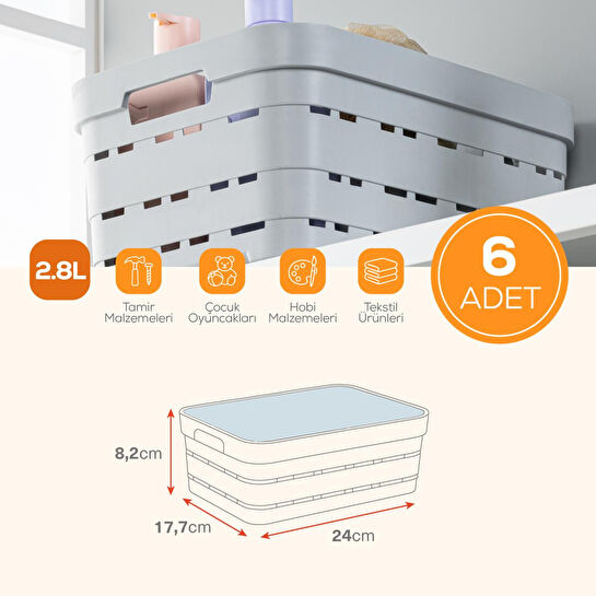Vienev 6'lı Kapaklı 2,8 Litre Delikli Saklama Kutusu Antrasit