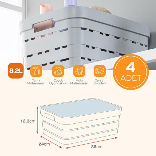 Vienev 4'lü Kapaklı 8,2 Litre Delikli Saklama Kutusu Antrasit