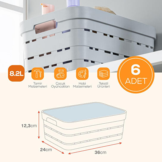 Vienev 6'lı Kapaklı 8,2 Litre Delikli Saklama Kutusu Antrasit