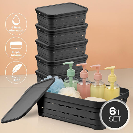 Vienev 6'lı Kapaklı 8,2 Litre Delikli Saklama Kutusu Antrasit