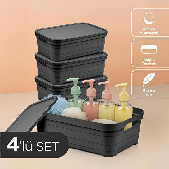 Vienev 4'lü Kapaklı 8,2 Litre Saklama Kutusu Antrasit