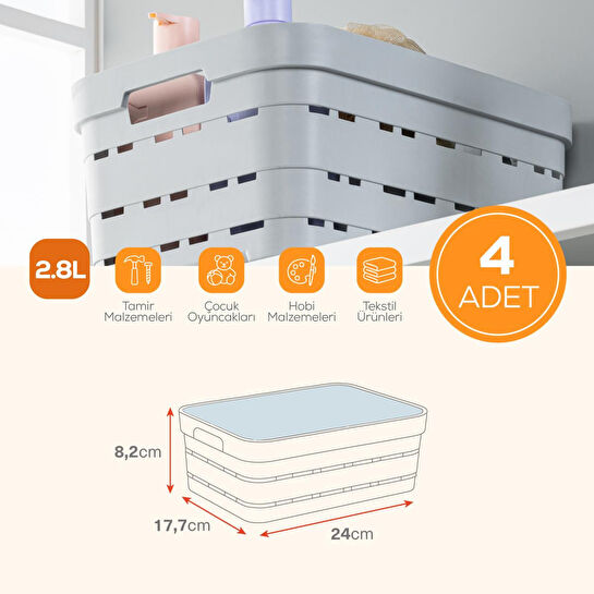 Vienev 4'lü Kapaklı 2,8 Litre Delikli Saklama Kutusu Antrasit