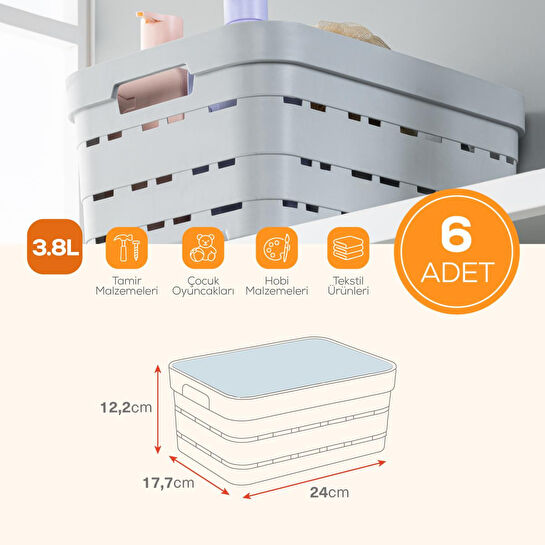 Vienev 6'lı Kapaklı 3,8 Litre Delikli Saklama Kutusu Antrasit