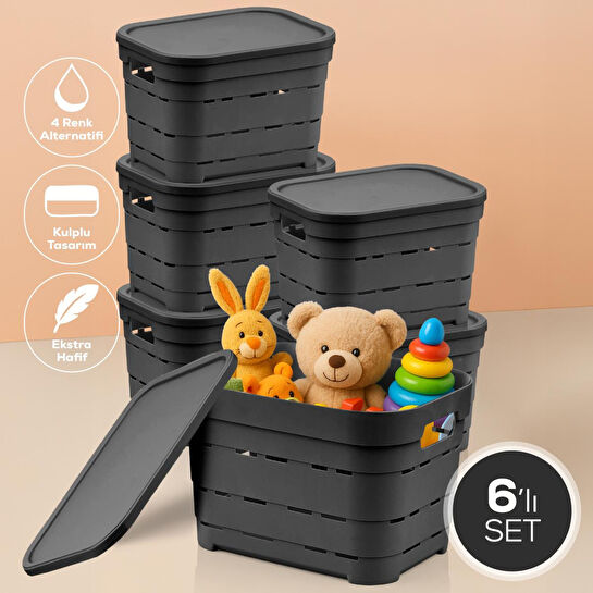 Vienev 6'lı Kapaklı 5 Litre Delikli Saklama Kutusu Antrasit
