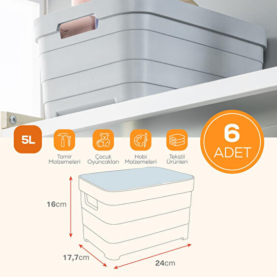 Vienev 6'lı Kapaklı 5 Litre Saklama Kutusu Antrasit