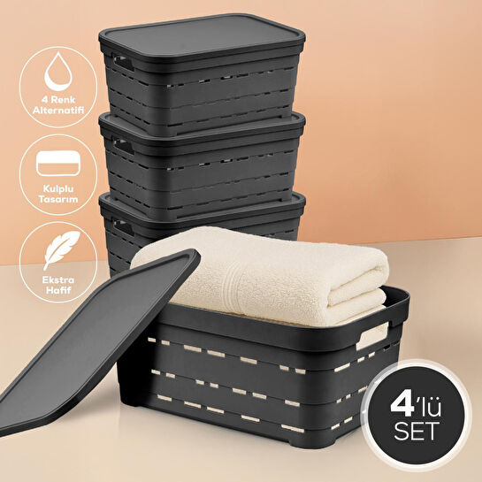 Vienev 4'lü Kapaklı 10,8 Litre Delikli Saklama Kutusu Antrasit
