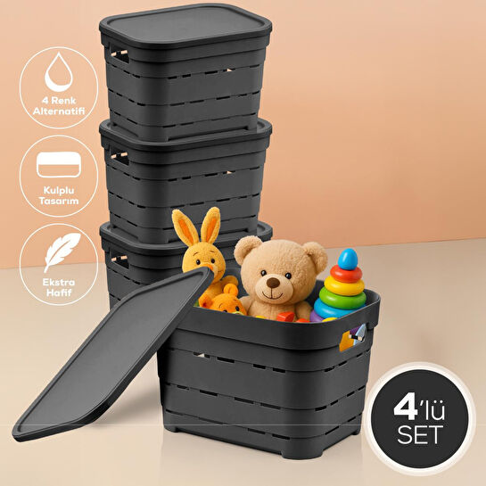 Vienev 4'lü Kapaklı 5 Litre Delikli Saklama Kutusu Antrasit