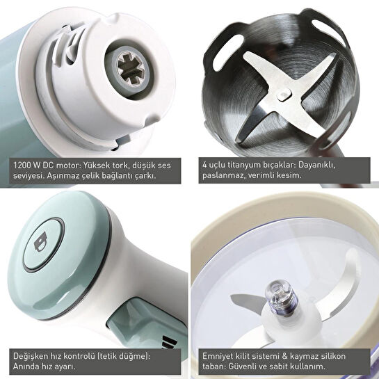 Berghoff Gem Retro 1200 W El Blender Seti – 800 ml Hazne, 5 Parça Aksesuar, Metal Konektör | Mint Yeşil