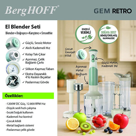 Berghoff Gem Retro 1200 W El Blender Seti – 800 ml Hazne, 5 Parça Aksesuar, Metal Konektör | Mint Yeşil