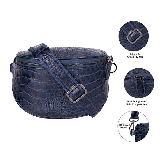 Bloominbag Alora Scarlet Heat Croc Lacivert Deri Bel Çantası