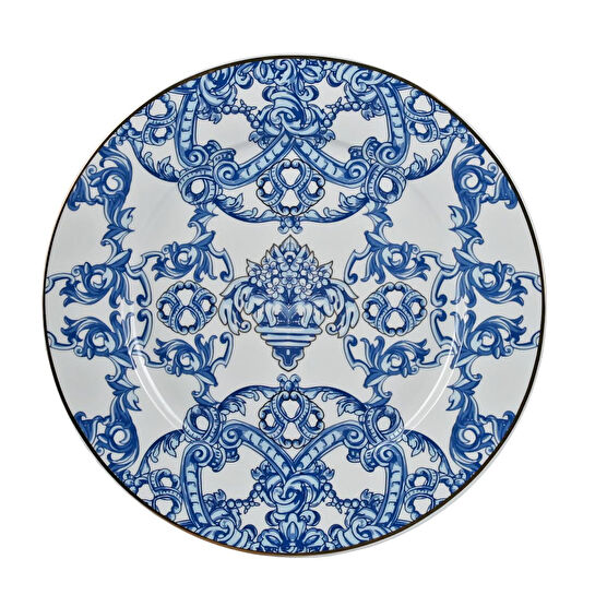 Lucky Art Florance Bone China Porselen Mavi Beyaz Naturel Barok Desenli 4 Lü Yemek Tabağı Seti 27 Cm