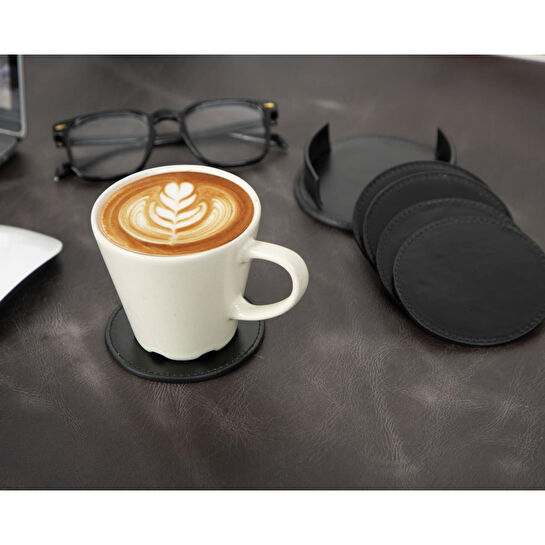 Bloominbag Divine Cup Siyah Deri Yuvarlak Bardak Altlığı Seti (5'li)