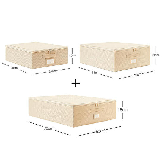 Ocean Home Textile 3'lü Bej Balıksırtı Destekli Hurç Set 31 X 38 X 12 + 45 X 55 X 18 + 55 X 70 X 18 Cm