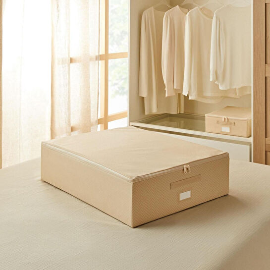 Ocean Home Textile Büyük Boy Bej Balıksırtı Destekli Kutu Hurç 55 X 70 X 18 Cm