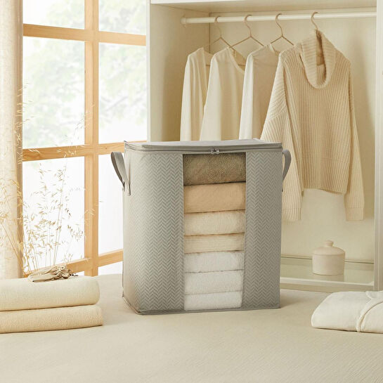 Ocean Home Textile Pvc Pencereli Gri Balıksırtı Hurç 45 X 30 X 50 Cm