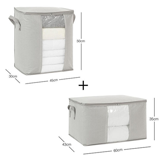 Ocean Home Textile 2'li Pvc Pencereli Gri Balıksırtı Hurç Set 1 Adet 45 X 30 X 50 / 1 Adet 60 X 43 X 35 Cm