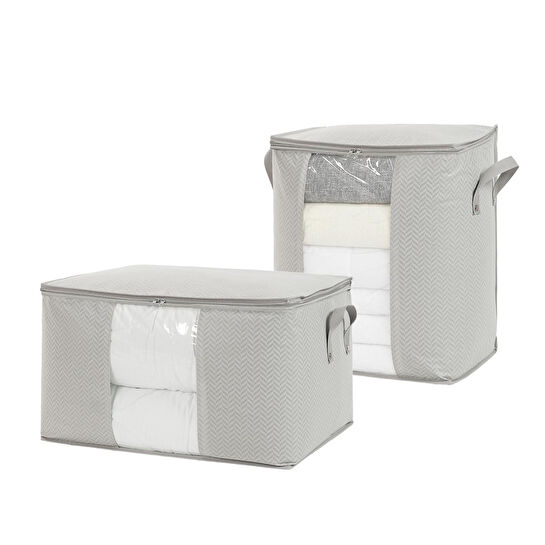 Ocean Home Textile 2'li Pvc Pencereli Gri Balıksırtı Hurç Set 1 Adet 45 X 30 X 50 / 1 Adet 60 X 43 X 35 Cm