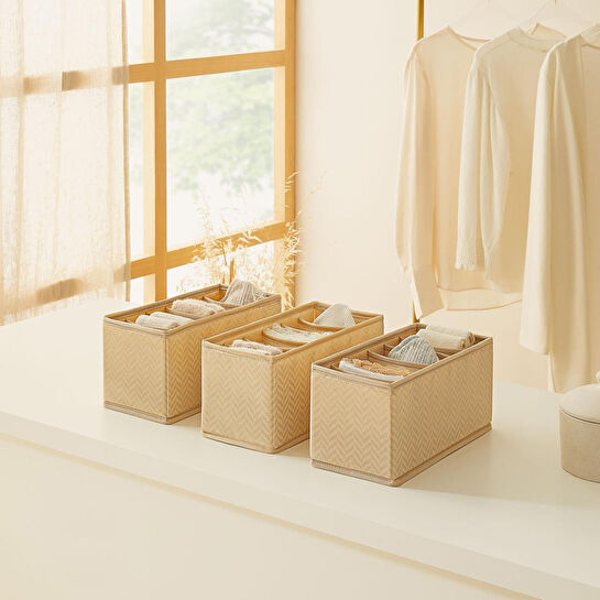 Ocean Home Textile 3'lü Bölmeli Bej Balıksırtı Çekmece İçi Düzenleyici Kutu Set 13 X 28 X 13 Cm