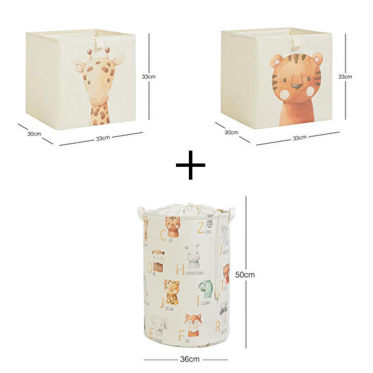 Ocean Home Textile 3'lü Çocuk Odası Sevimli Hayvanlar Kutu Sepet Set 2 Adet 33 X 30 X 33 / 1 Adet 36 X 50 Cm