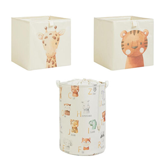 Ocean Home Textile 3'lü Çocuk Odası Sevimli Hayvanlar Kutu Sepet Set 2 Adet 33 X 30 X 33 / 1 Adet 36 X 50 Cm