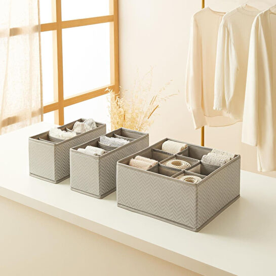 Ocean Home Textile 3'lü Bölmeli Gri Balıksırtı Desenli Çekmece İçi Düzenleyici Kutu Set