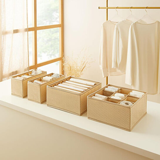 Ocean Home Textile 4'lü Bölmeli Bej Balıksırtı Çekmece İçi Düzenleyici Kutu Set