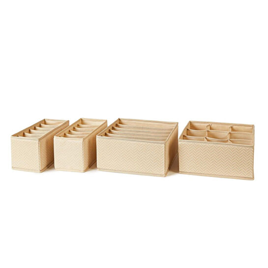 Ocean Home Textile 4'lü Bölmeli Bej Balıksırtı Çekmece İçi Düzenleyici Kutu Set