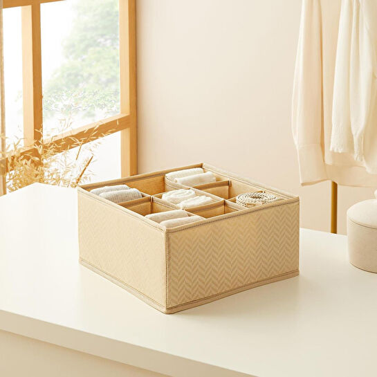 Ocean Home Textile 9 Bölmeli Petek Bej Balıksırtı Çekmece İçi Düzenleyici Kutu 28 X 28 X 13 Cm