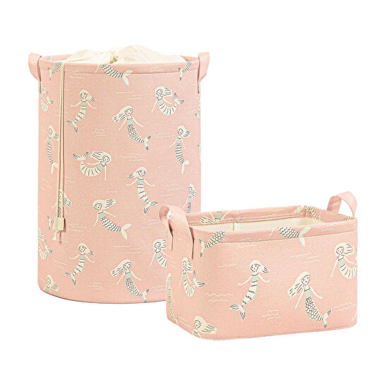 Ocean Home Textile 2'li Çocuk Odası Deniz Kızı Sepet Set 1 Adet 30 X 21 X 18 / 36 X 48 Cm