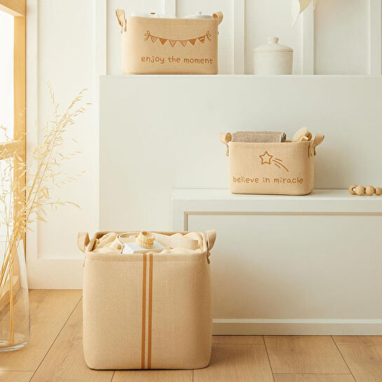 Ocean Home Textile 3'lü Çocuk Odası Jüt Keten Kumaş Sepet Set 1 Adet 24 X 17 X 14 / 1 Adet 30 X 21 X 18 / 1 Adet 30 X 30 X 30 Cm