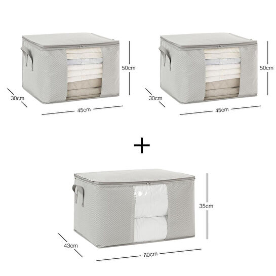 Ocean Home Textile 3'lü Pvc Pencereli Gri Balıksırtı Hurç Set 1 Adet 60 X 43 X 35 / 2 Adet 45 X 40 X 30 Cm