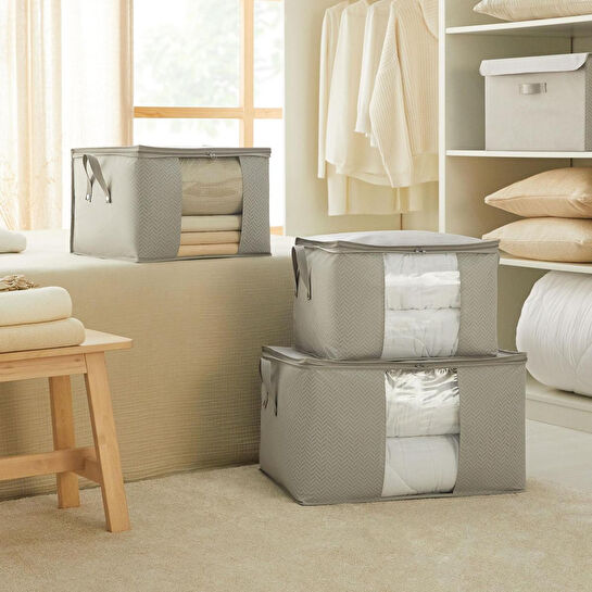 Ocean Home Textile 3'lü Pvc Pencereli Gri Balıksırtı Hurç Set 1 Adet 60 X 43 X 35 / 2 Adet 45 X 40 X 30 Cm