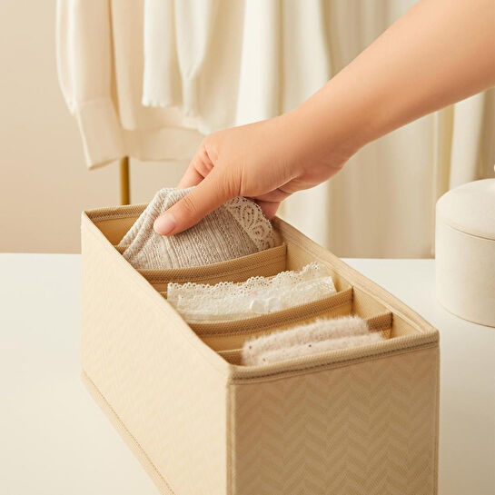 Ocean Home Textile 3'lü 6 Bölmeli Bej Balıksırtı Çekmece İçi Düzenleyici Kutu Set