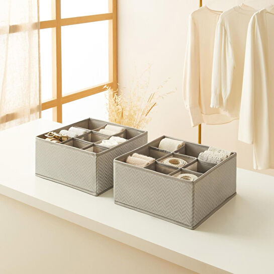 Ocean Home Textile 2'li 9 Bölmeli Petek Gri Balıksırtı Çekmece İçi Düzenleyici Kutu Set 28 X 28 X 13 Cm