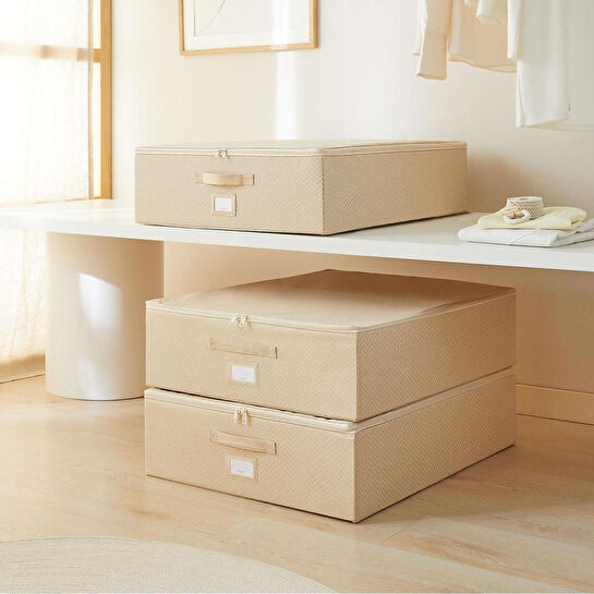 Ocean Home Textile 3'lü Büyük Boy Bej Balıksırtı Destekli Hurç Set 55 X 70 X 18 Cm