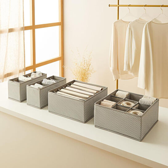 Ocean Home Textile 4'lü Bölmeli Gri Balıksırtı Çekmece İçi Düzenleyici Kutu Set
