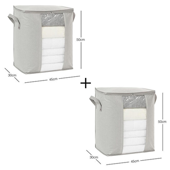 Ocean Home Textile 2'li Pvc Pencereli Gri Balıksırtı Hurç Set 45 X 30 X 50 Cm