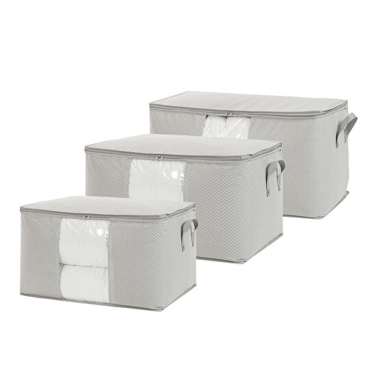 Ocean Home Textile 3'lü Pvc Pencereli Gri Balıksırtı Hurç Set