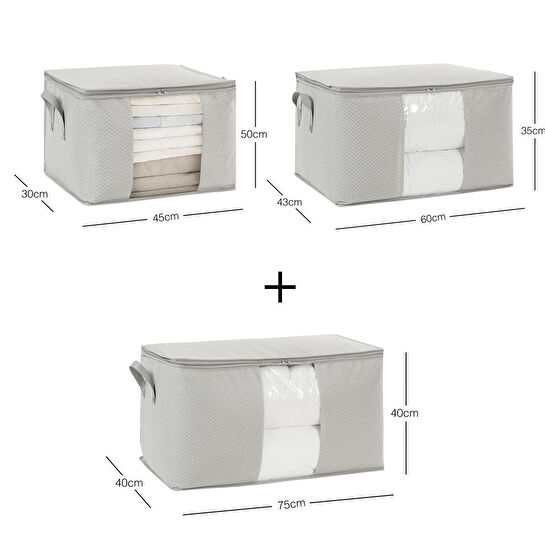 Ocean Home Textile 3'lü Pvc Pencereli Gri Balıksırtı Hurç Set