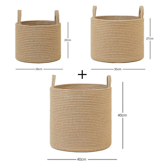 Ocean Home Textile 3'lü Jüt Halat Sepet Set 26 X 22 / 35 X 27 / 40 X 40 Cm